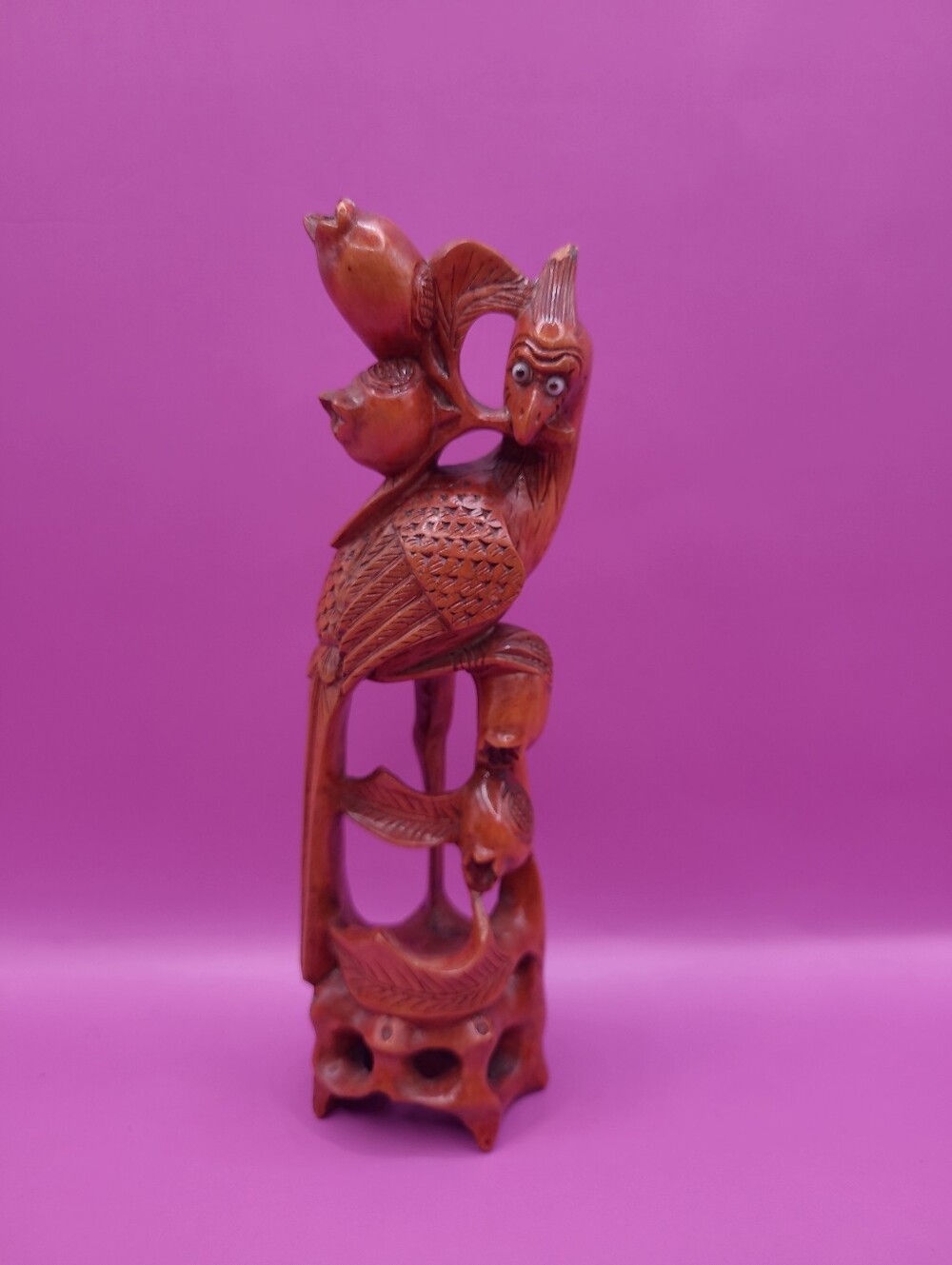 Vintage Chinese Hand Carved Boxwood Bird Flower Statue Sculpture Asian Art 7"